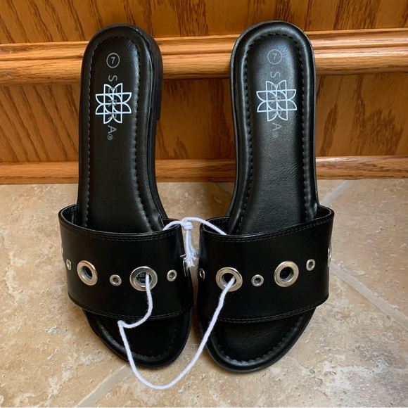 Serra Brand - Black Slide Sandals with Silver Eyelets - Picture 2 of 3